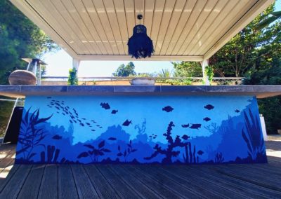 Décoration murale sur le mur d'un pool house à Antibes dans les alpes maritimes ( 06 ) 2023 Graffiti Street art