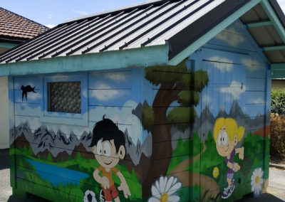 Fresque murale initiation avec les enfants de la garderie Touche à tout à Passy en Haute-Savoie (74) Graffiti Street art 2020