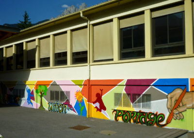 Fresque murale réalisée avec les enfants de l'école Jules Ferry à Sallanches en Haute-Savoie ( 2017 ) Graffiti Street art Animation